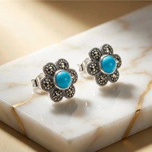 Arvenia Silver Papatya Motifli Turkuaz Taşlı Markazitli Vintage Kadın 925 Ayar Gümüş Çivili Küpe
