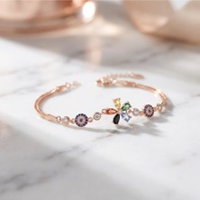 Arvenia Silver Çiçek Nazar Motifli Renkli Zirkon Taşlı Rose Gold Kadın 925 Ayar Gümüş Bileklik