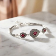Arvenia Silver Kırmızı Zirkon Taşlı Damla Motifli Telkari Kadın 925 Ayar Gümüş Bileklik