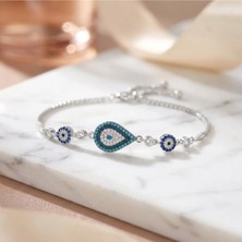 Arvenia Silver Damla Nazar Motifli Zirkon Taşlı Asansörlü Kadın 925 Ayar Gümüş Bileklik
