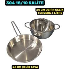 Akdeniz 20 cm Cam Kapaklı Çelik Derin Tencere 26 cm Çelik Tava 3 Parça Çelik Tava Tencere Seti