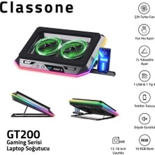 Str Store Classone Gaming GT200 Laptop Soğutucu Notebook Stand, 3000 Rpm,10 Rgb Işık Kontrolü, 15.6-17 Inch, Hız Kontrolü, 2 Büyük Fan,telefon Standı, 1 Type-C Usb,1 USB