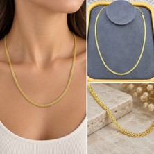 Fm 💎 Premium Parlak ve Şık Gold Renk Örgü Zincir 316L Kadın Çelik Kolye (45cm)