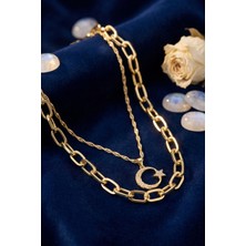 Moncuk Design Gold Renk Pirinç Ay Yıldız Model Kombin Kadın Kolye