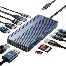 Tech Butiq Acasıs USB C Bağlantı Istasyonu Çift Monitör, 14'ü 1 Arada, Gri 2 Hdmı+Dp (4K60Hz), Ethernet, 3 Usb-C 10G, 100W Pd, Sd/t