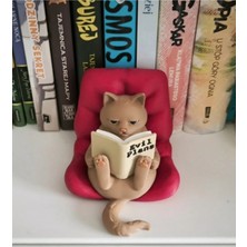 Kitap Okuyan Kedi Figürü Kitaplık Süsü,tatlı Masa Süsü,gri Model