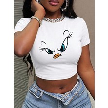 Makent Moda Slaydiva Looney Tunes x Sheın Kadın Günlük Sokak Stili Karikatür Desenli Kısa Bisiklet Yaka Kısa