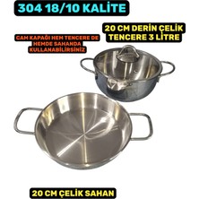 Akdeniz 20 cm Cam Kapaklı Çelik Derin Tencere 20 cm Çelik Sahan 3 Parça Çelik Sahan Tencere Seti