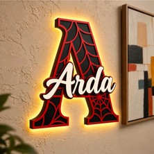 Runc Design Kişiye Özel LED Işıklı Harfli Isimlik | Spider Tasarımlı Ahşap Duvar Dekoru | Çocuk Odası Dekorasyonu