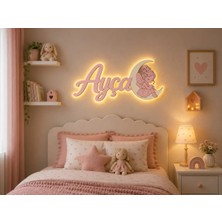 Runc Design Kişiye Özel Kız Çocuk Odası Duvar Dekoru | Isimli Ay ve Peri Tasarımlı Ahşap Pano | Sarı LED Işıklı Bebek Odası Dekoru