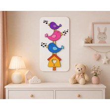 Runc Design Bebek Odası Ahşap Duvar Dekoru | Renkli Kuşlar ve Bulutlar Temalı Pano | Çocuk Odası Dekorasyonu