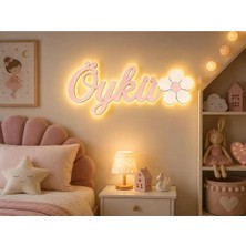 Runc Design Kişiye Özel LED Işıklı Isimlik | Kız Çocuk Odası Duvar Dekoru | Çiçekli Ahşap Isimlik