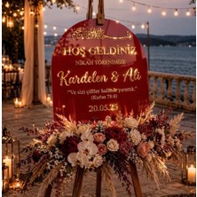 Evlilik Sepetim Bordo Akrilik Düğün Karşılama Panosu | 50X80 cm Gold Yazılı Nikah Tabelası Büyük Boy Şovale Hediyeli