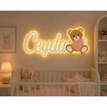 Runc Design Kişiye Özel Isimli Ahşap LED Işıklı Çocuk Odası Duvar Lambası - Ayıcık Figürlü Gece Lambası Aplik