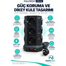 Numvox Fulltech Ftr-32 20W Pd Dikey Kule Tipi Çoklu Priz – 12 Soket + 3 Usb-A + 2 Usb-C, 2 Metre