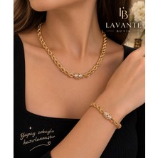 Lavante Butik Kadın Taş Kilitli Burgu Model Kolye Bileklik Çelik Kolye Bileklik Set