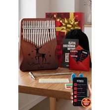 KLX-520 Hakiki Ağaç Kalimba Geyik Desenli Ahşap Full Set 17 Çelik Tuşlu