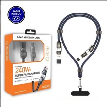 Str Store 2 In 2 Usb-A, Type-C To Type-C, Lighting ile Uyumlu Boyun Askılı Turbo Şarj ve Data Kablosu Lacivert 1.5m MT2515L