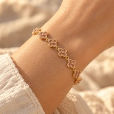 Moncuk Design Gold Renk Pembe Zirkon Taşlı Yonca Model Kadın Bileklik