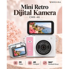 Veroksa Cmr-46 Mini Retro Dijital Fotoğraf Makinesi 4K Fotoğraf 2k Video 180° Hareketli IPS Ekranlı Vlog Kamera