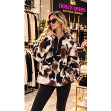 Dolce Queen Fırça Desenli Yarım Fermuarlı Oversize Peluş Sweatshirt