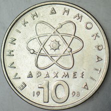 Banknoting Yunanistan 10 Drahmi 1998 Demokritos ve Atom Temalı. 26 Mm. Çilaltı.