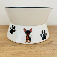 Yükseltilmiş Mama ve Su Kabı Chihuahua Baskılı Yüksekli 9.5cm Genişlik 16CM Hacim 600ML