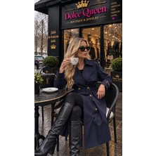 Dolce Queen Kadın Kemerli Çift Düğmeli Uzun Trençkot - Lacivert