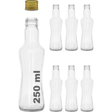 Str Store 250 ml Şeffaf Ince Belli Kapaklı Cam Şişe 250 cc Meşrubat Şişesi 6 Adet (Altın Kapak)