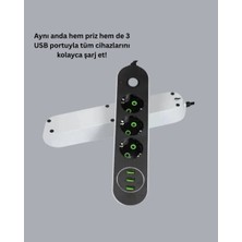 Elvasta Elva- 3 USB Çıkışlı Hızlı Şarjlı Anahtarlı Üçlü Priz