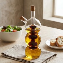 Str Store Borosilikat Cam Yağlık ve Sirkelik 320 Ml, Çift Hazneli 2’si 1 Arada Şişe, Mantar Tıpalı Şeffaf Boğumlu Model, Yağ ve Sirkeyi Ayrı Saklama