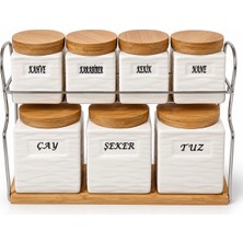 Aşkana 7’li Seramik Baharatlık ve Kavanoz Seti,bambu Kapaklı,metal Standlı Çay,kahve,şeker ve Baharat Saklama Seti