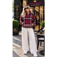 Dolce Queen Kadın Ekose Desenli Fermuarlı Triko Ceket - Bordo Siyah