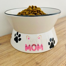 Yükseltilmiş Mama ve Su Kabı Kedi Annesi Baskılı Yükseklik 9.5cm Genişlik 16CM Hacim 600ML