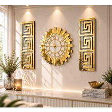 Eyka Store Gold Pleksi Ayna Duvar Saati 40 cm ve 2’li Tablo Seti | Kabartmalı Sessiz Saat | Modern Duvar Dekoru