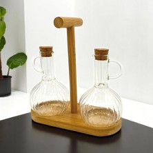 Str Store 2'li Bambu Stand ile Cam Yağdanlık ve Sirkelik Seti, Yemek Masası ve Sofralarınız Için Bambu Standlı Şık Masa Üstü Yağ ve Sirke Şişeleri