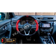 Hasakman Nissan X-Trail T32 Dikme Direksiyon Kılıfı Parlak Siyah Kırmızı Detaylı Kırmızı Çift Yüzük ve Dikiş 2017-2022