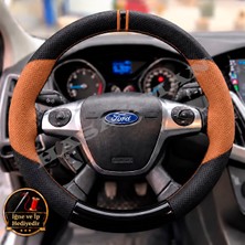 Hasakman Ford Focus 3 Dikme Direksiyon Kılıfı Delikli Deri Parlak Siyah Taba Detay Çift Yüzük ve Dikiş 2011-2018