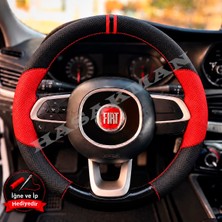 Hasakman Fiat Egea Hatchback Dikme Direksiyon Kılıfı Parlak Siyah Kırmızı Detaylı Kırmızı Çift Yüzük ve Dikiş 2016-2021