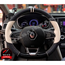 Hasakman Renault Clio 5 Dikme Direksiyon Kılıfı Delikli Deri Parlak Siyah Bej Detay Çift Yüzük ve Dikiş 2019-2024