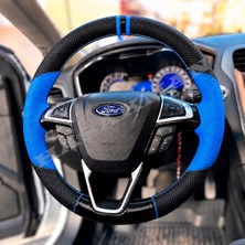 Hasakman Ford Edge Mk2 Dikme Direksiyon Kılıfı Delikli Deri Parlak Siyah Mavi Detay Çift Yüzük ve Dikiş 2015-2021