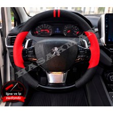 Hasakman Peugeot 3008 Dikme Direksiyon Kılıfı Parlak Siyah Kırmızı Detaylı Kırmızı Çift Yüzük ve Dikiş 2016-2020