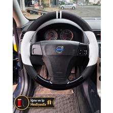 Hasakman Volvo V50 Dikme Direksiyon Kılıfı Delikli Deri Parlak Siyah Beyaz Detay Çift Yüzük ve Dikiş 2004-2012