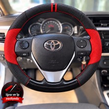 Hasakman Toyota Auris E180 Dikme Direksiyon Kılıfı Parlak Siyah Kırmızı Detaylı Kırmızı Çift Yüzük ve Dikiş 2012-2018