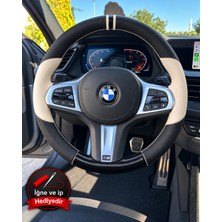 Hasakman Bmw F32 Dikme Direksiyon Kılıfı Delikli Deri Parlak Siyah Bej Detay Çift Yüzük ve Dikiş 2013-2020