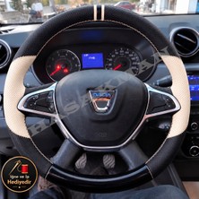 Hasakman Dacia Logan Dikme Direksiyon Kılıfı Delikli Deri Parlak Siyah Bej Detay Çift Yüzük ve Dikiş 2017-2020