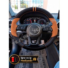 Hasakman Audi A5 F5 Dikme Direksiyon Kılıfı Delikli Deri Parlak Siyah Taba Detay Çift Yüzük ve Dikiş 2016-2019