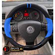 Hasakman Vw Touran 1 Dikme Direksiyon Kılıfı Delikli Deri Parlak Siyah Mavi Detay Çift Yüzük ve Dikiş 2003-2010