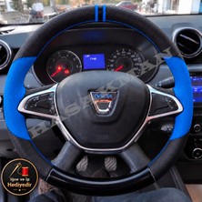 Hasakman Dacia Logan Mcv Mk2 Dikme Direksiyon Kılıfı Delikli Deri Parlak Siyah Mavi Detay Çift Yüzük ve Dikiş 2017-2021