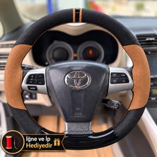 Hasakman Toyota Auris E150 Dikme Direksiyon Kılıfı Delikli Deri Parlak Siyah Taba Detay Çift Yüzük ve Dikiş 2006-2012